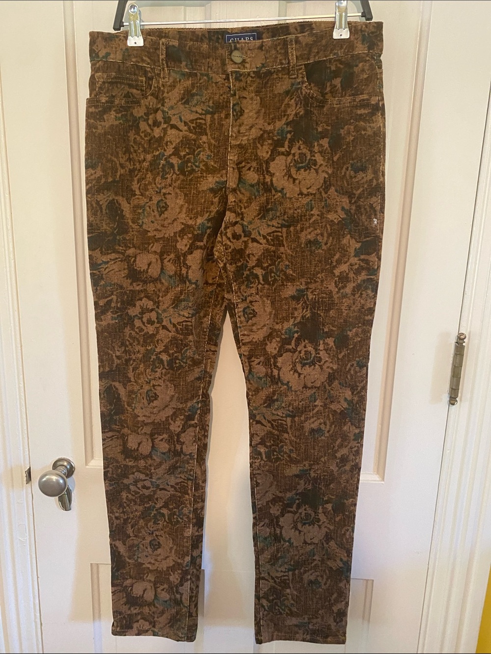 Chaps Brown Floral Corduroy Trousers with Dark Green Accents